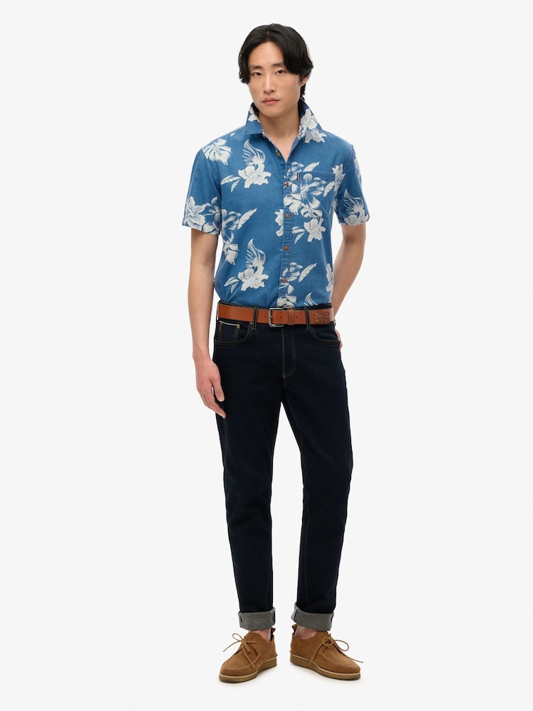 Superdry Blue Vintage Loom Short Sleeve 100% Cotton Shirt - Image 2 of 4