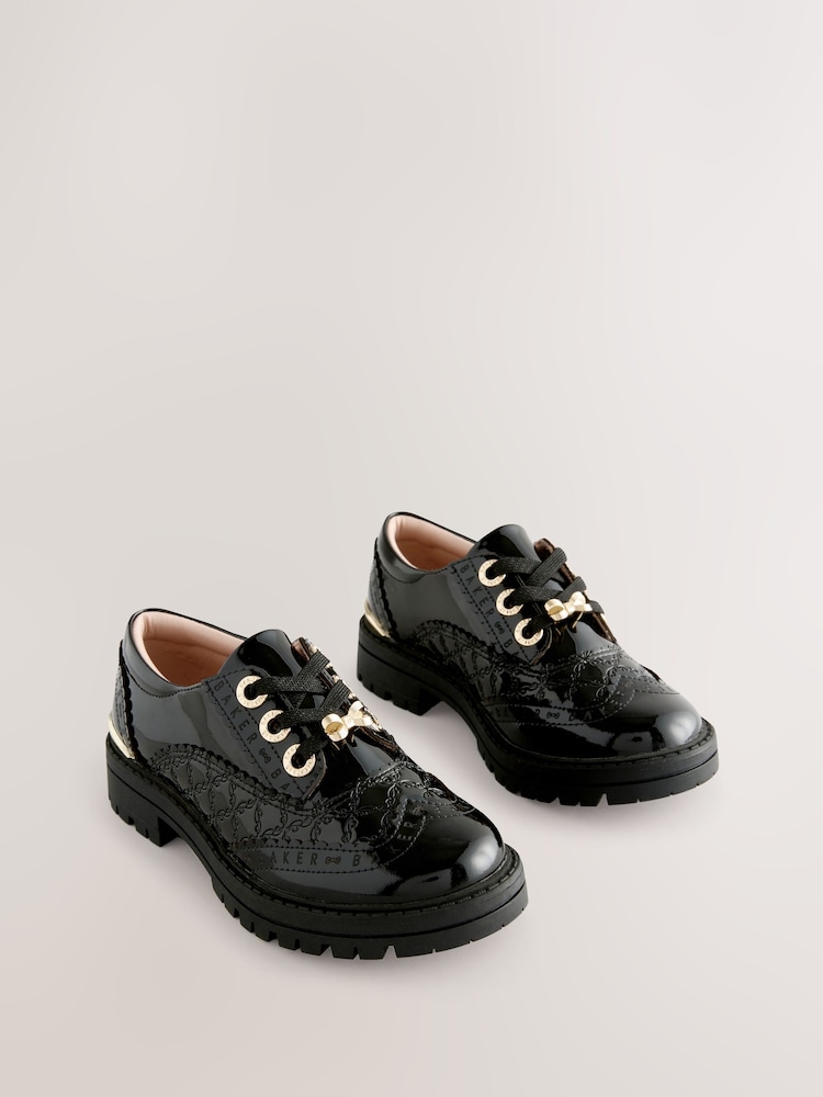 Baker by Ted Baker Girls Back to School Chunky Patent Black Brogue Shoes with Bow - Image 1 of 5