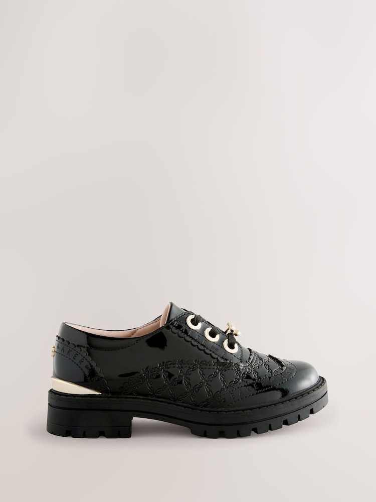 Baker by Ted Baker Girls Back to School Chunky Patent Black Brogue Shoes with Bow - Image 2 of 5