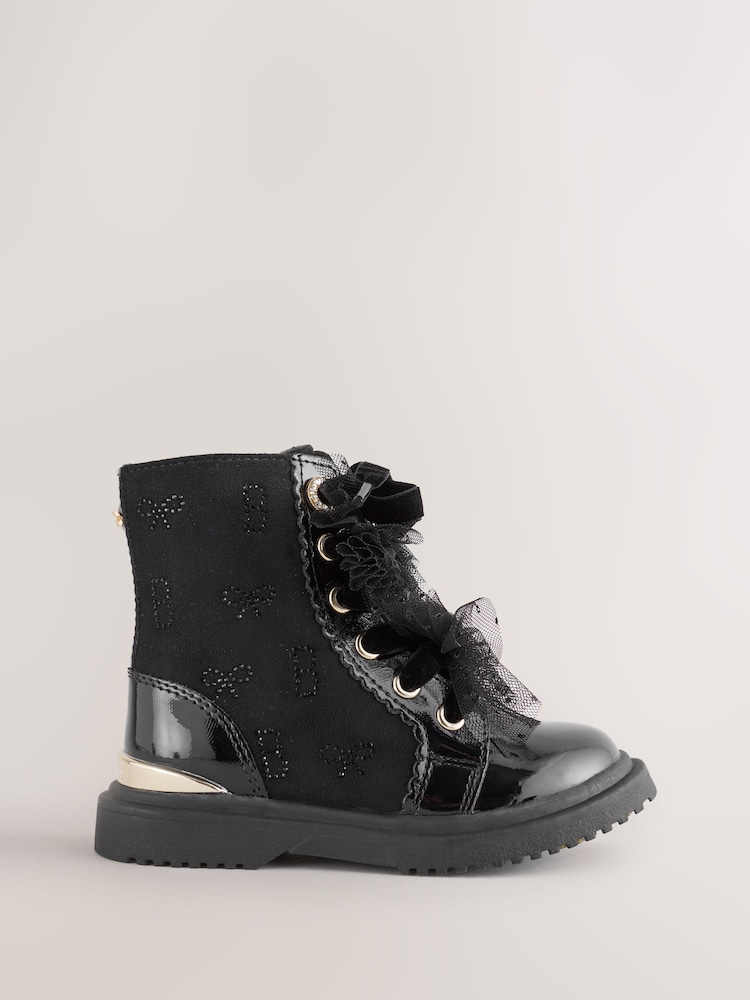 Baker by Ted Baker Girls Black Diamanté Lace-Up Boots with Bow - Image 2 of 6 Baker by Ted Baker Girls Black Diamanté Lace-Up Boots with Bow - Image 2 of 6