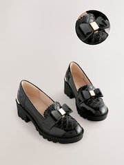 Baker by Ted Baker Girls Back to School Patent Heeled Black Loafer Shoes with Bow - Image 1 of 5