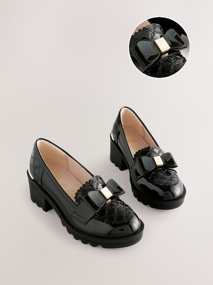 Baker by Ted Baker Girls Back to School Patent Heeled Black Loafer Shoes with Bow - Image 1 of 5