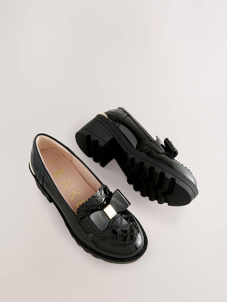 Baker by Ted Baker Girls Back to School Patent Heeled Black Loafer Shoes with Bow - Image 5 of 5