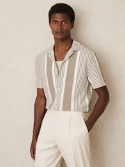 Reiss Oatmeal/White Alcazar Stripe Ribbed Cuban Collar Shirt - Image 1 of 6