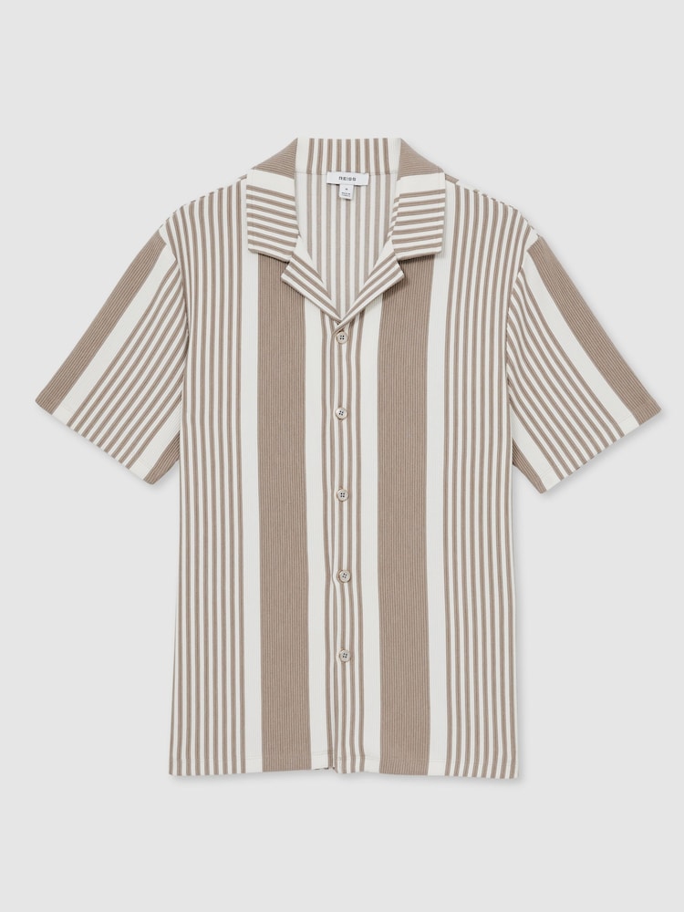 Reiss Oatmeal/White Alcazar Stripe Ribbed Cuban Collar Shirt - Image 2 of 6