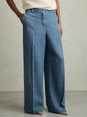 Reiss Mid Blue Reed Petite Denim-Look Wide-Leg Trousers - Image 1 of 7