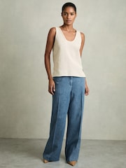 Reiss Mid Blue Reed Petite Denim-Look Wide-Leg Trousers - Image 3 of 7