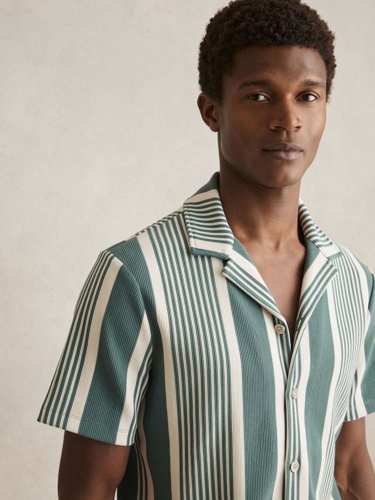Reiss Sage/White Alcazar Stripe Ribbed Cuban Collar Shirt - Image 1 of 6