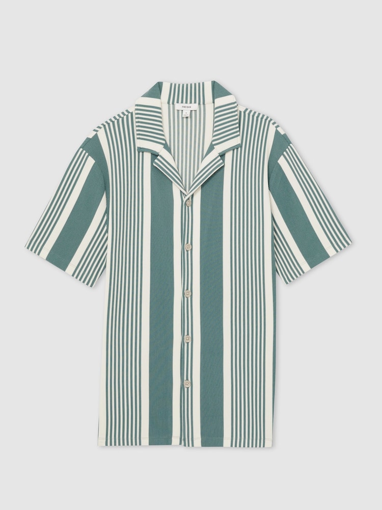 Reiss Sage/White Alcazar Stripe Ribbed Cuban Collar Shirt - Image 2 of 6