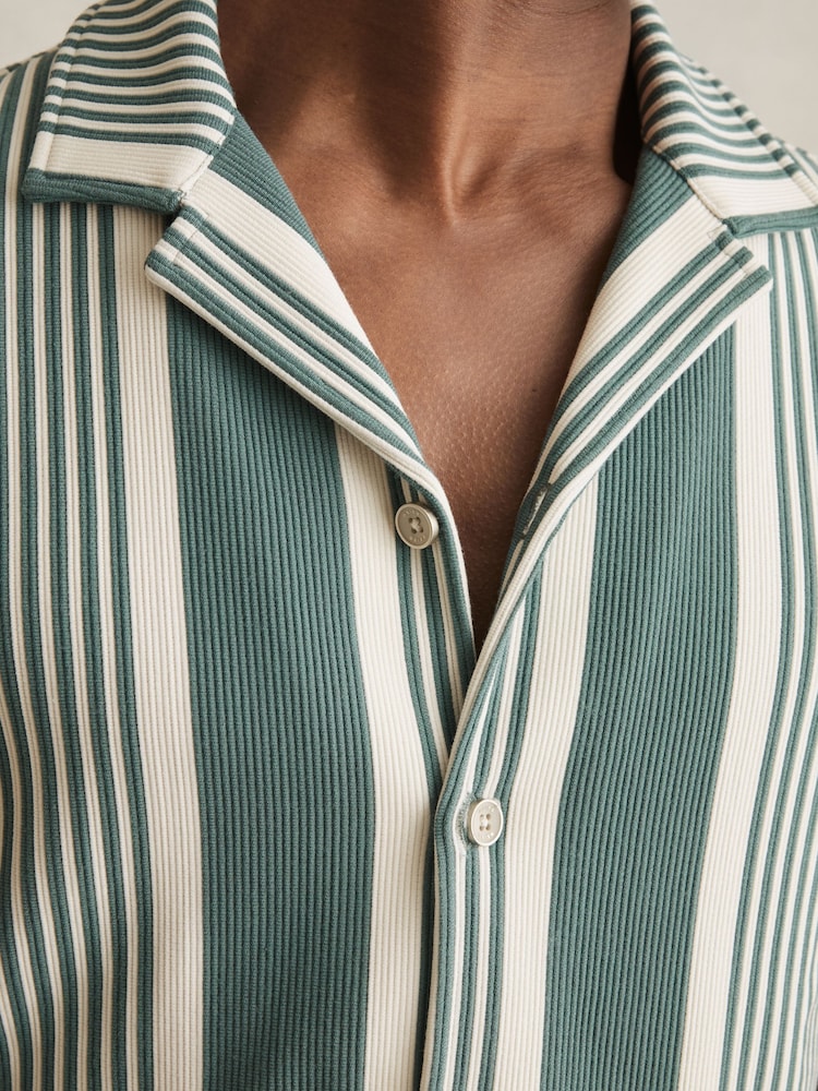 Reiss Sage/White Alcazar Stripe Ribbed Cuban Collar Shirt - Image 6 of 6