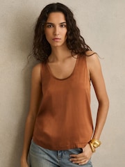 Reiss Toffee Brown Ruby Silk-Front Cami Top - Image 1 of 6
