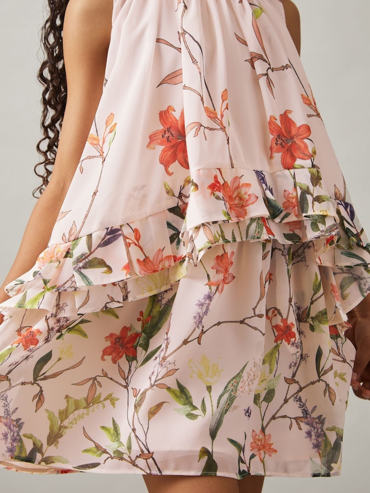 Estampado rosa - Reiss Luni Chiffon Tiered Dress - Imagen 1 de 4