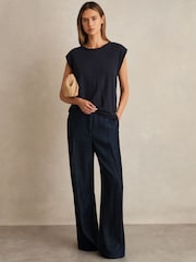 Reiss Dark Blue Reed Petite Denim-Look Wide-Leg Trousers - Image 1 of 7
