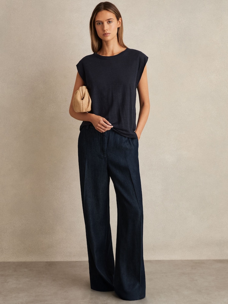 Reiss Dark Blue Reed Petite Denim-Look Wide-Leg Trousers - Image 1 of 7