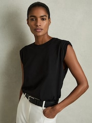 Negro - Reiss Jade Cotton Cap Sleeve T-Shirt - Imagen 1 de 5