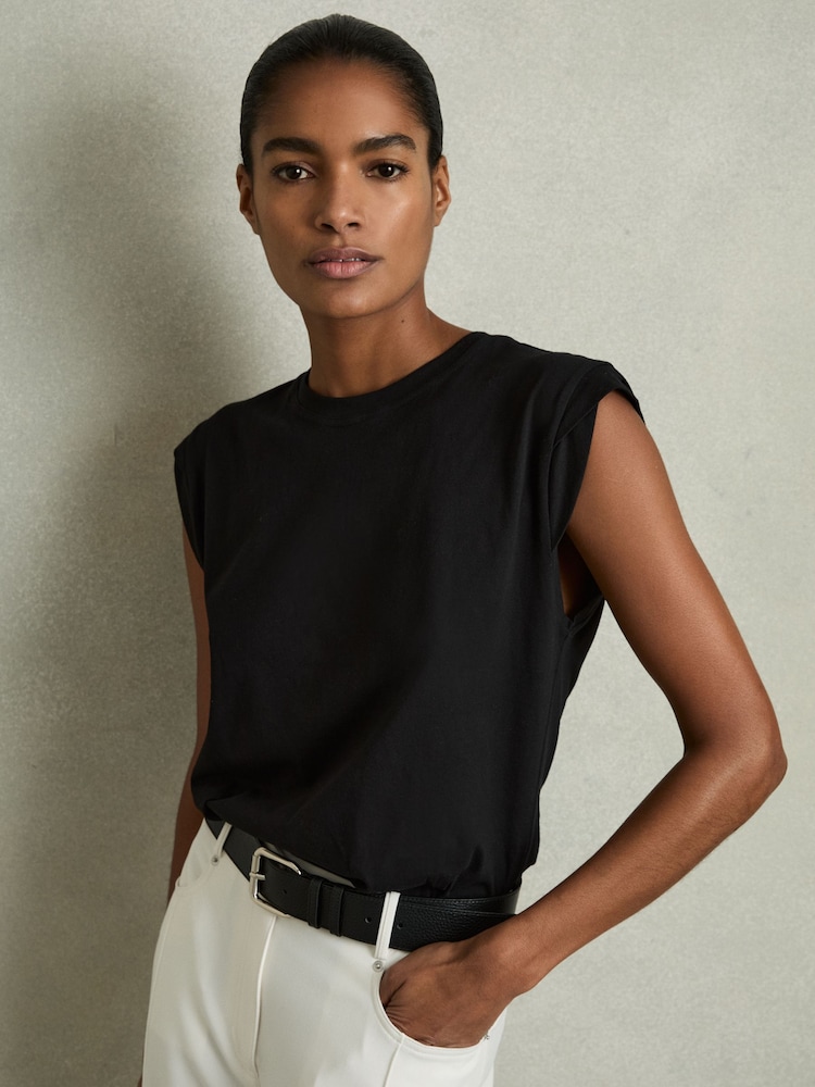 Negro - Reiss Jade Cotton Cap Sleeve T-Shirt - Imagen 1 de 5