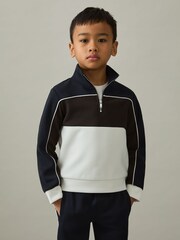 Reiss Chocolate Brown/Navy/Off White Katoon 13-14 yrs Colour-Block Half-Zip Sweatshirt - Image 1 of 4