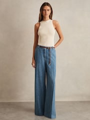 Reiss Mid Blue Reed Denim-Look Wide-Leg Trousers - Image 1 of 6