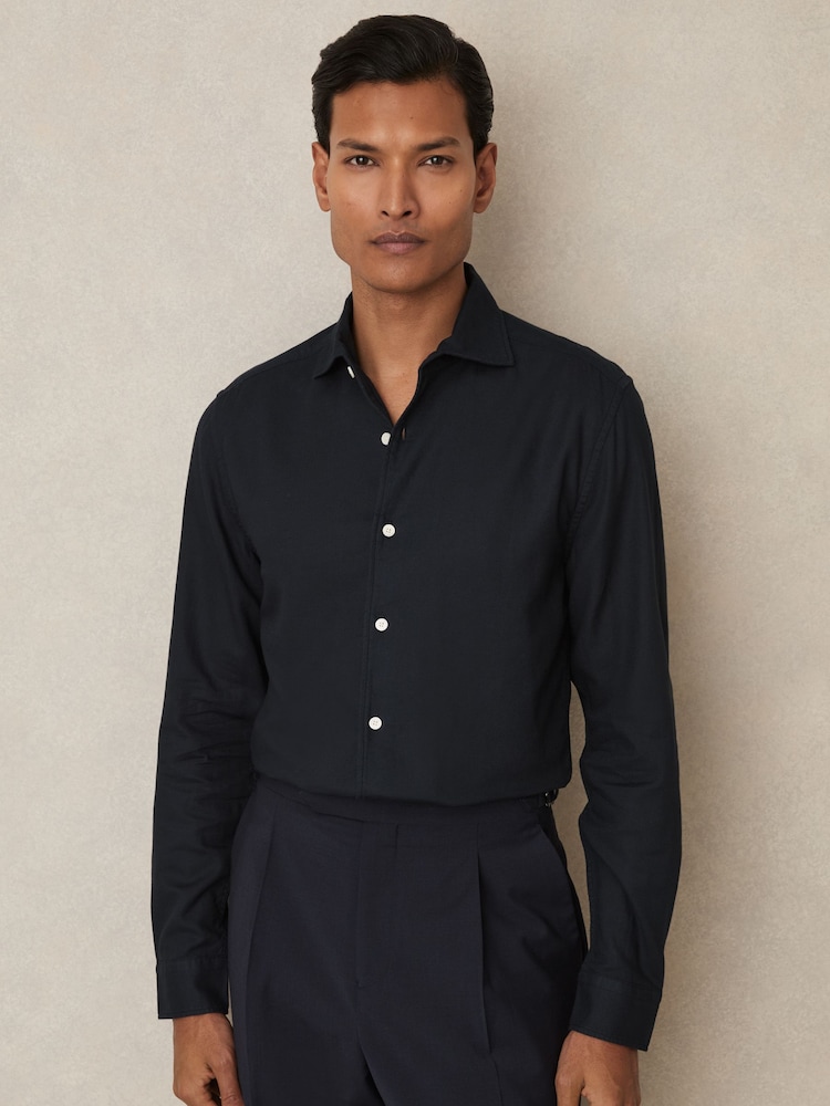 Reiss Navy Carvalho Cotton-Piqué Garment-Dyed Shirt - Image 1 of 6