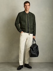 Reiss Antique Dark Forest Green Block Leather-Sleeve Suede Brick Bomber Jacket - Image 1 of 6