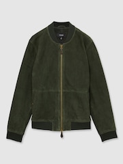 Reiss Antique Dark Forest Green Block Leather-Sleeve Suede Brick Bomber Jacket - Image 2 of 6