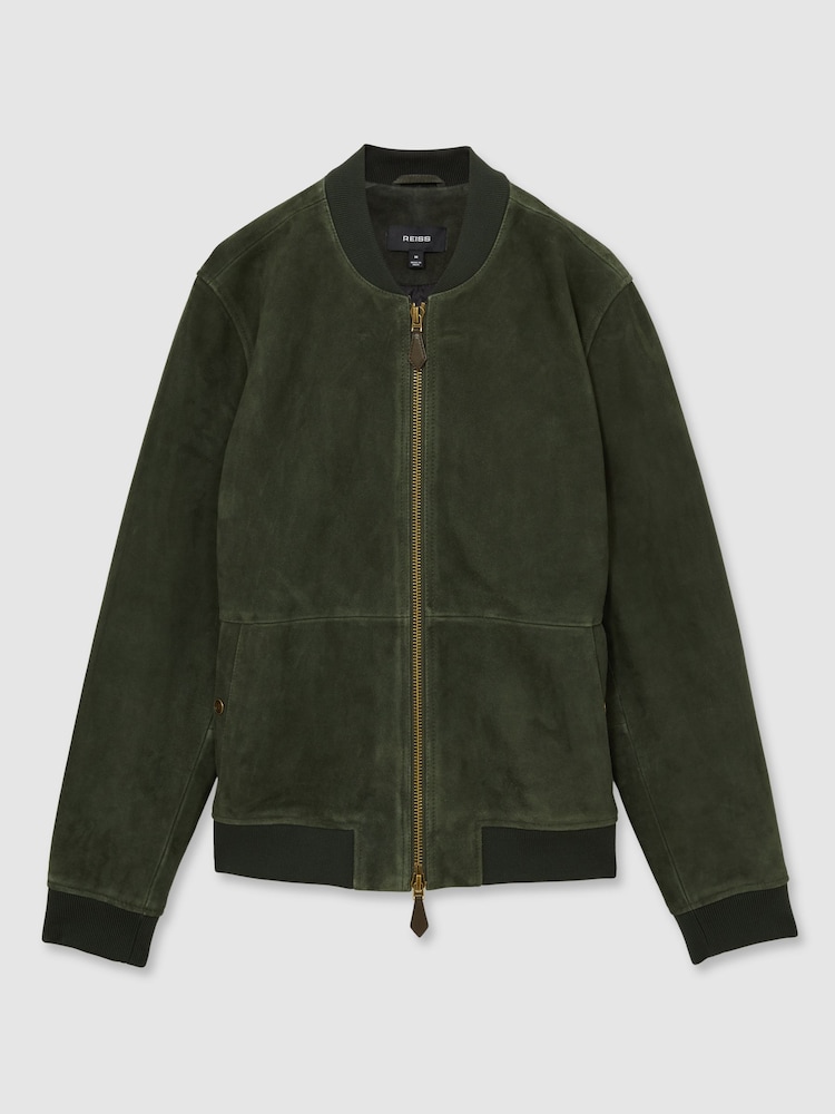 Reiss Antique Dark Forest Green Block Leather-Sleeve Suede Brick Bomber Jacket - Image 2 of 6