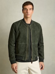 Reiss Antique Dark Forest Green Block Leather-Sleeve Suede Brick Bomber Jacket - Image 3 of 6