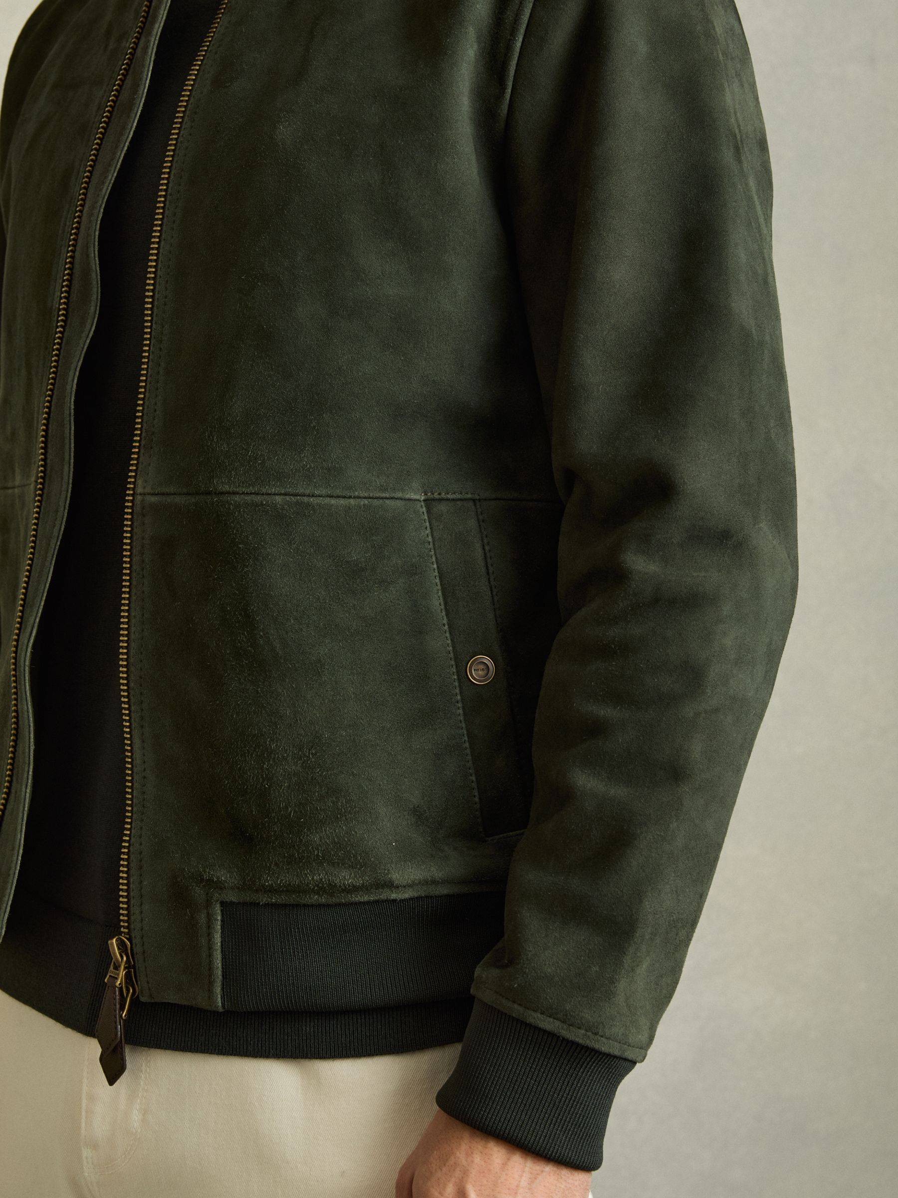 Buy Reiss Antique Dark Forest Green Brick Suede Zip-Through Bomber