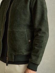 Reiss Antique Dark Forest Green Block Leather-Sleeve Suede Brick Bomber Jacket - Image 4 of 6