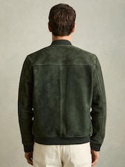 Reiss Antique Dark Forest Green Block Leather-Sleeve Suede Brick Bomber Jacket - Image 5 of 6