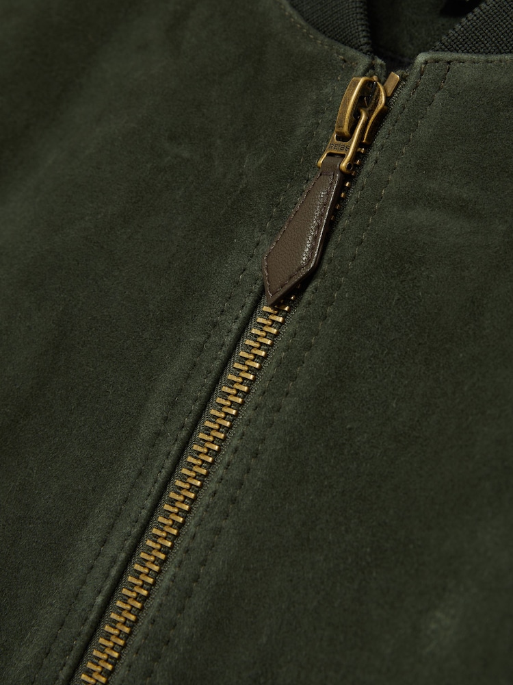 Reiss Antique Dark Forest Green Block Leather-Sleeve Suede Brick Bomber Jacket - Image 6 of 6