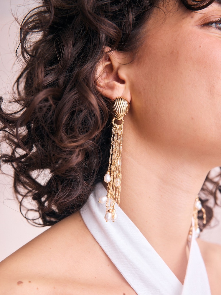 Gold Tone Pearl Effect Shoulder Duster Earrings - Image 2 of 3