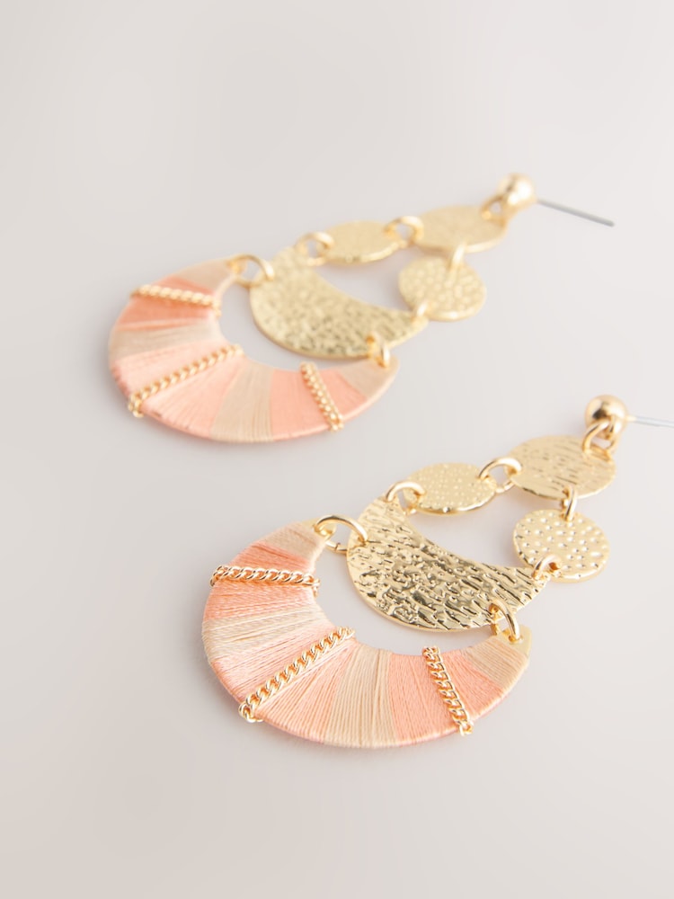 Pink Thread Wrapped Disc Drop Earrings - Image 1 of 3 Pink Thread Wrapped Disc Drop Earrings - Image 1 of 3