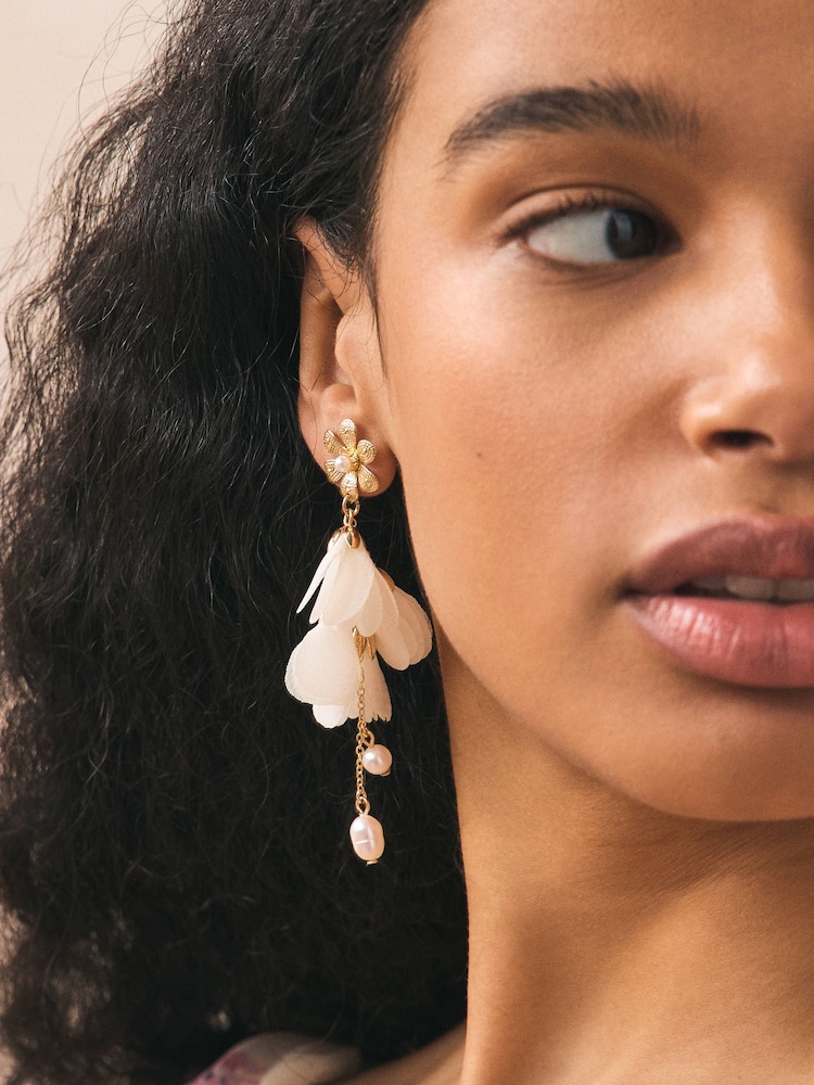 Ecru Flower Pearl Effect Drop Earrings - Image 1 of 5