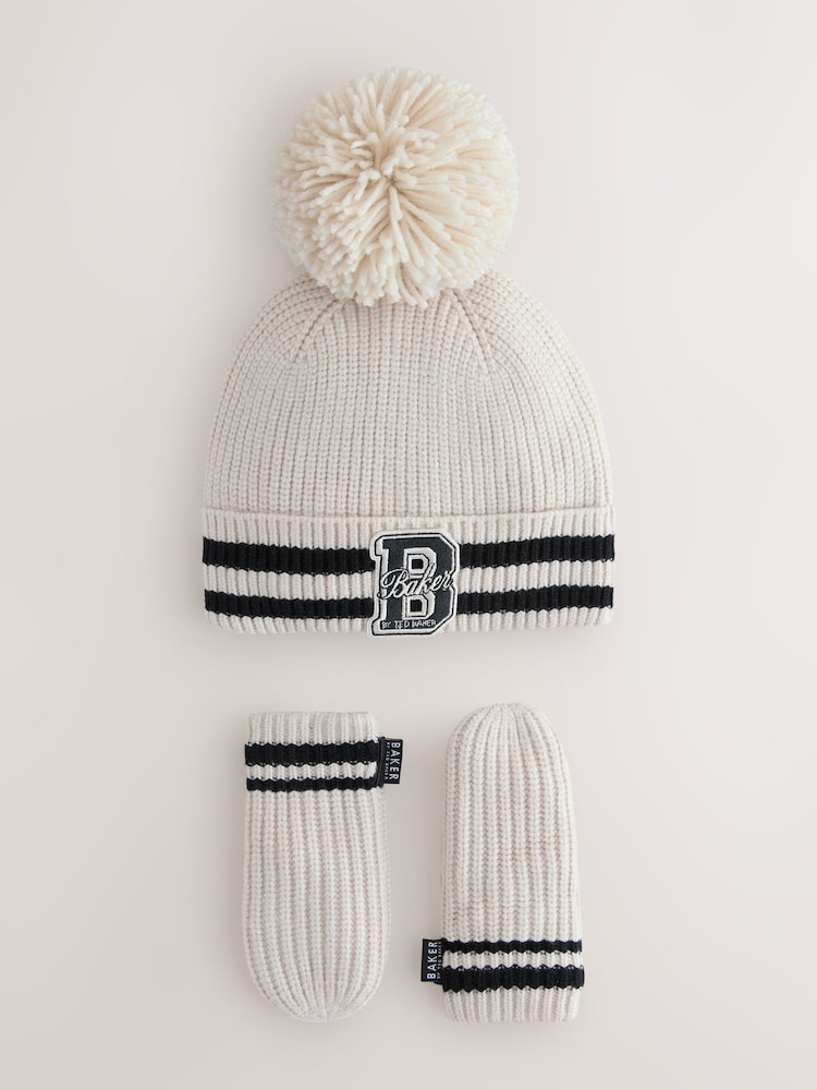 Baker by Ted Baker Boys Varsity Logo Pom Beanie and Mittens Set - Image 1 of 5 Baker by Ted Baker Boys Varsity Logo Pom Beanie and Mittens Set - Image 1 of 5