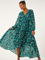Roman Blue Abstract Print Wrap Front Pleated Maxi Dress - Image 2 of 5