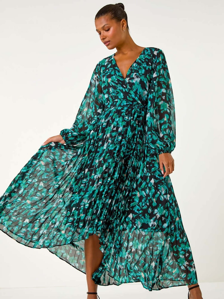 Roman Blue Abstract Print Wrap Front Pleated Maxi Dress - Image 2 of 5