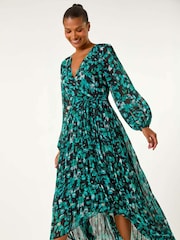 Roman Blue Abstract Print Wrap Front Pleated Maxi Dress - Image 4 of 5