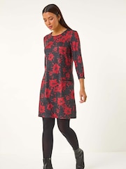 Roman Red Floral Print Pocket Shift Stretch Dress - Image 3 of 6