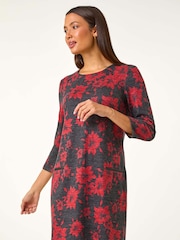 Roman Red Floral Print Pocket Shift Stretch Dress - Image 5 of 6