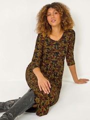 Roman Yellow Floral Print Button Detail Midi Dress - Image 1 of 5