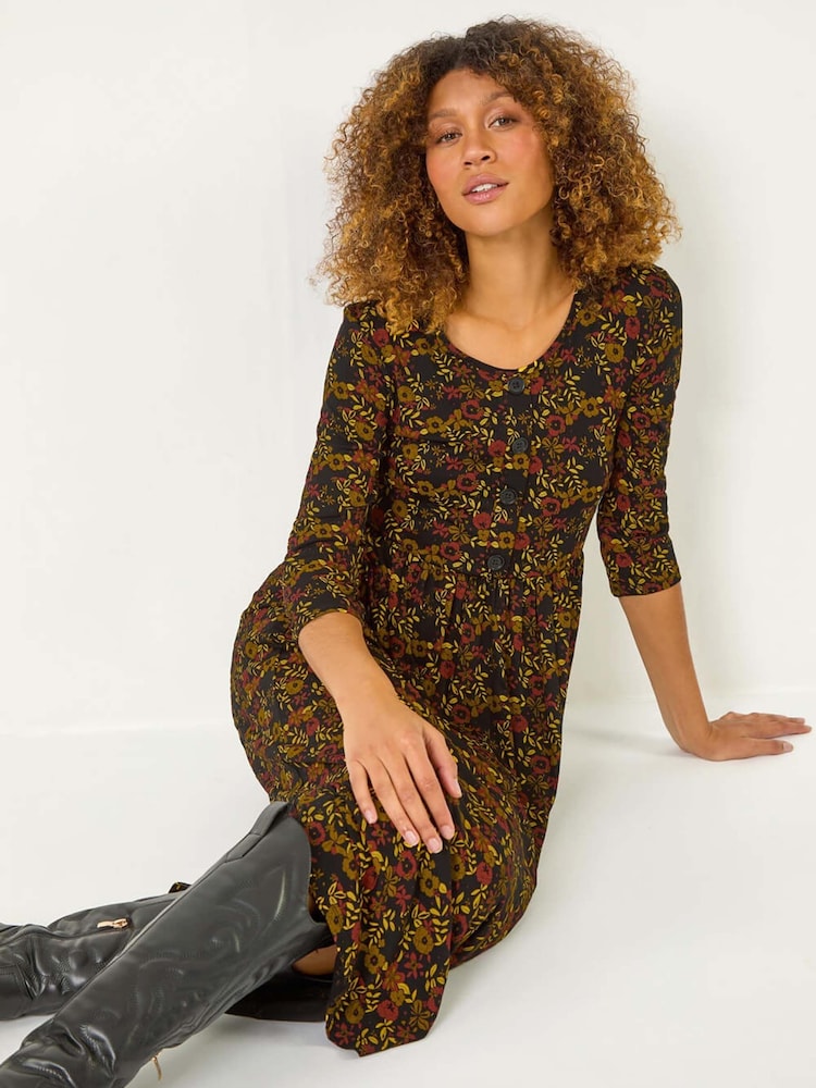 Roman Yellow Floral Print Button Detail Midi Dress - Image 1 of 5