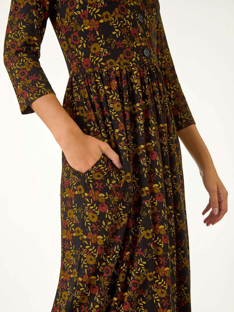 Roman Yellow Floral Print Button Detail Midi Dress - Image 2 of 5