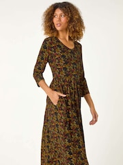 Roman Yellow Floral Print Button Detail Midi Dress - Image 3 of 5