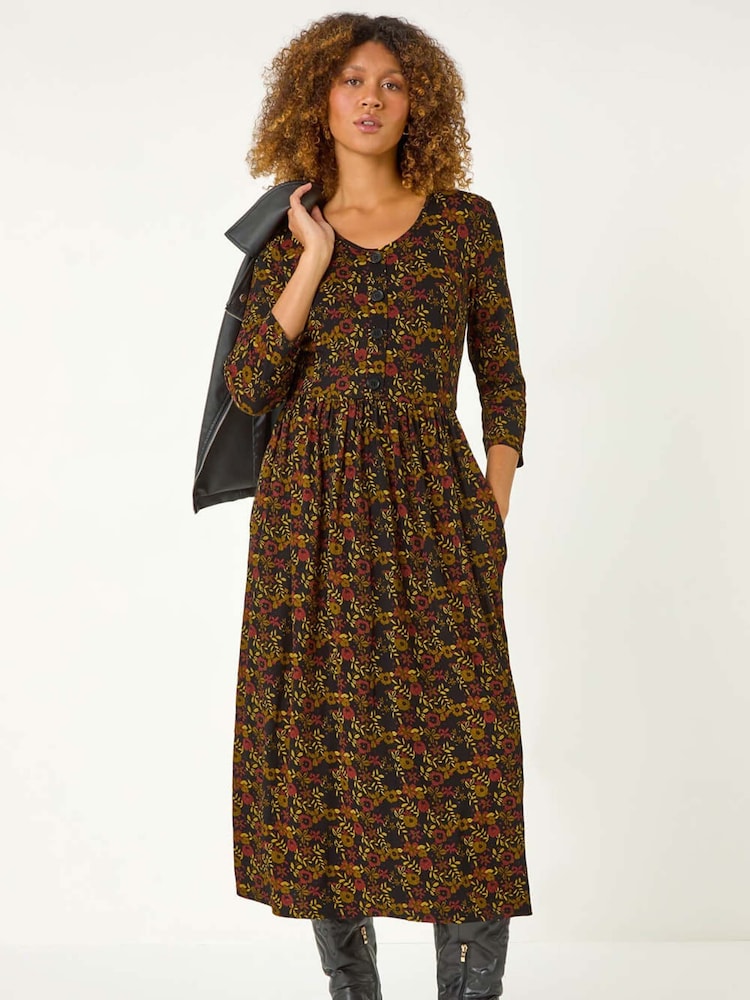Roman Yellow Floral Print Button Detail Midi Dress - Image 5 of 5