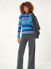 Roman Blue Roll Neck Stripe Print Ribbed Knit Jumper - Image 1 of 5