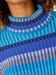 Roman Blue Roll Neck Stripe Print Ribbed Knit Jumper - Image 2 of 5