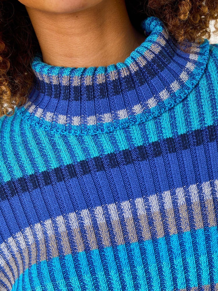 Roman Blue Roll Neck Stripe Print Ribbed Knit Jumper - Image 2 of 5