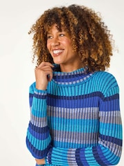 Roman Blue Roll Neck Stripe Print Ribbed Knit Jumper - Image 3 of 5