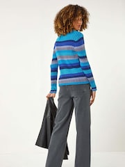 Roman Blue Roll Neck Stripe Print Ribbed Knit Jumper - Image 4 of 5